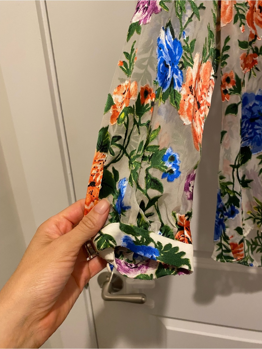 Alice + Olivia Floral V-Neck Blouse in Orange, Blue, Purple, Green, Cream - Picture 3 of 9